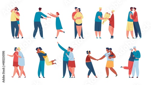 Lgbt couples in love, young characters on romantic date. Cute people in relationship, parents with child, happy senior couple hugging vector set. Love diversity, elderly or senior partners
