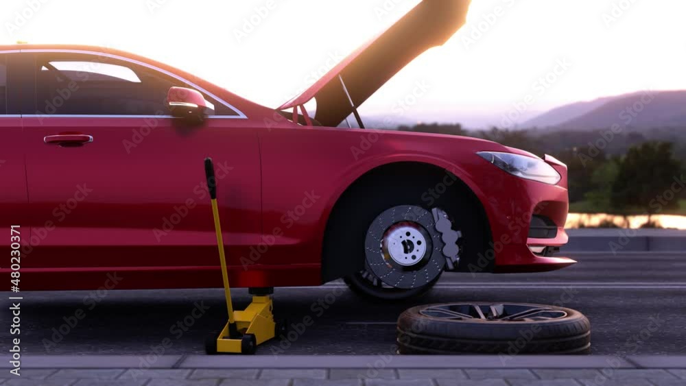 Being stranded on the side of the road with a flat tire. Flat tire being replaced.4K