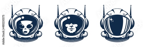 Astronaut helmet vector. Space retro astronaut head. Man in spacesuit mask. Alien in space helmet.