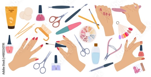 Manicured hand holding nail polish, female hands with manicure tools. Nails care in beauty salon, spa manicure treatment vector set. Equipment for hand beauty care as files, scissors