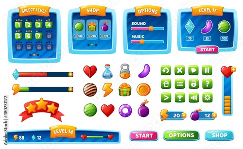 Game ui kit, cartoon gaming interface buttons, icons, menu. Mobile app gui assets, panel, progress bar, button, games design elements vector set. Isolated indicators with results, setting
