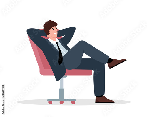 Relaxed businessman or student sitting in armchair and relax. Male person young man freelancer resting and thinking about something good or chilling after work. Flat or cartoon Vector illustration.