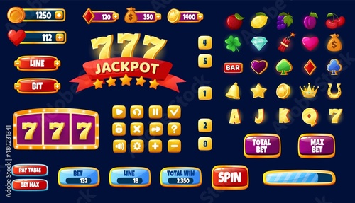Cartoon casino slot machine mobile app game ui assets. Gambling games design interface elements, icons, buttons, progress bar vector set. Online spinning, having mobile entertainment