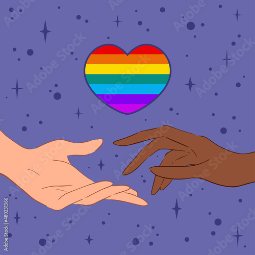 Vector banner of hands of diverse people under LGBT symbol in heart. Vector illustration of heart shaped rainbow LGBT flag above hands of multiracial people reaching out to each other against purple