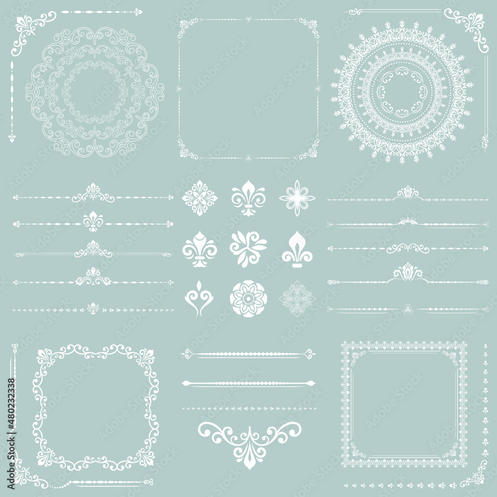 Vintage set of vector horizontal, square and round elements. Different elements for backgrounds, frames and monograms. Classic light blue and white patterns. Set of patterns