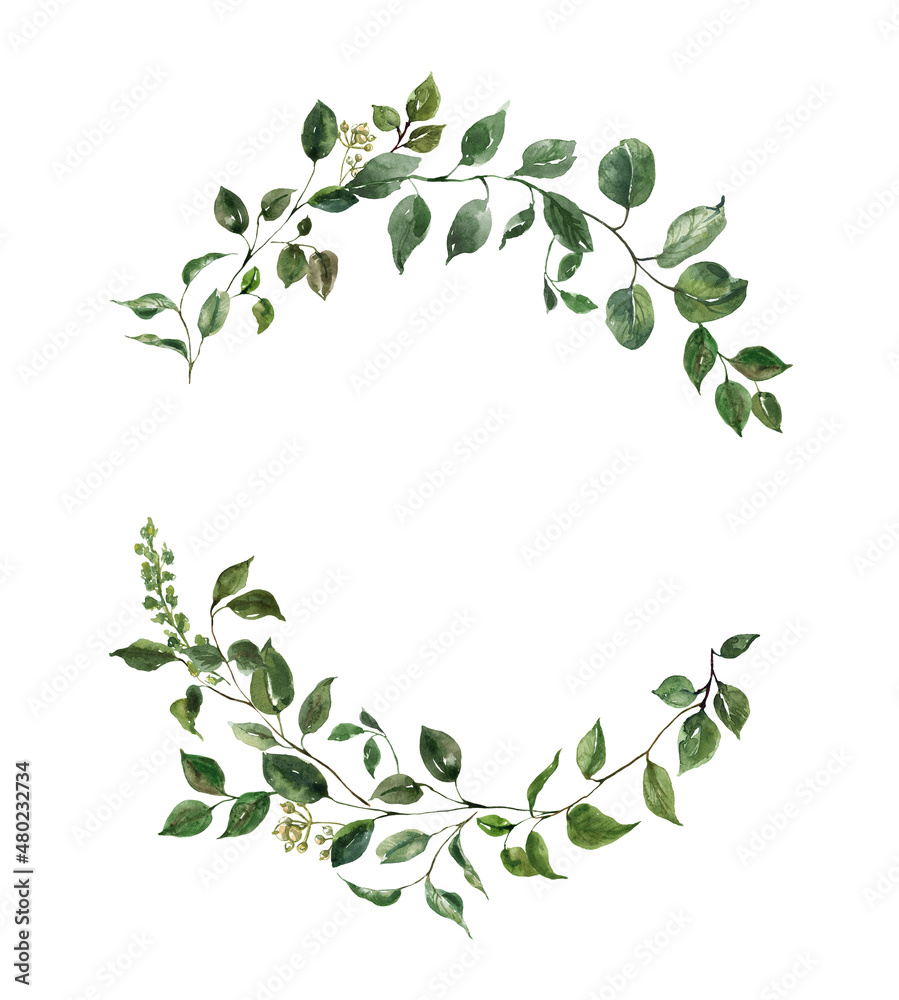 Watercolor green foliage wreath illustration. Floral frame, isolated on white background. Spring lush greenery, leaves arrangement.