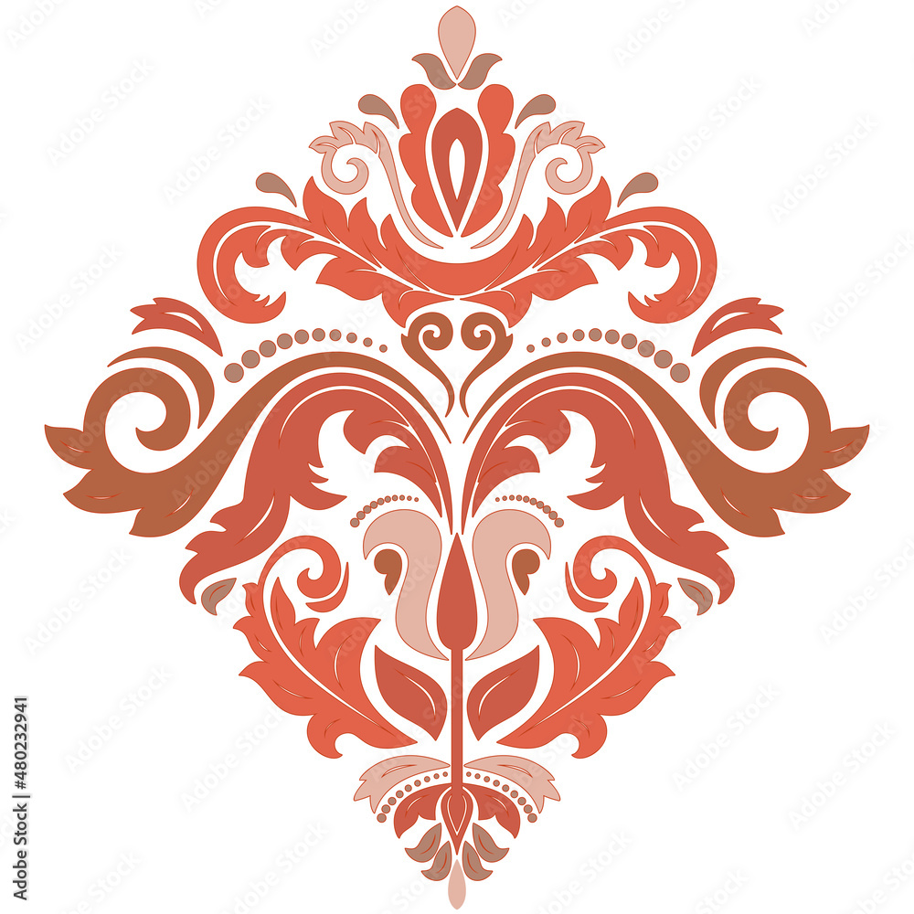 Oriental vector pattern with arabesques and floral elements. Traditional classic ornament with colored rhombus. Vintage pattern with arabesques