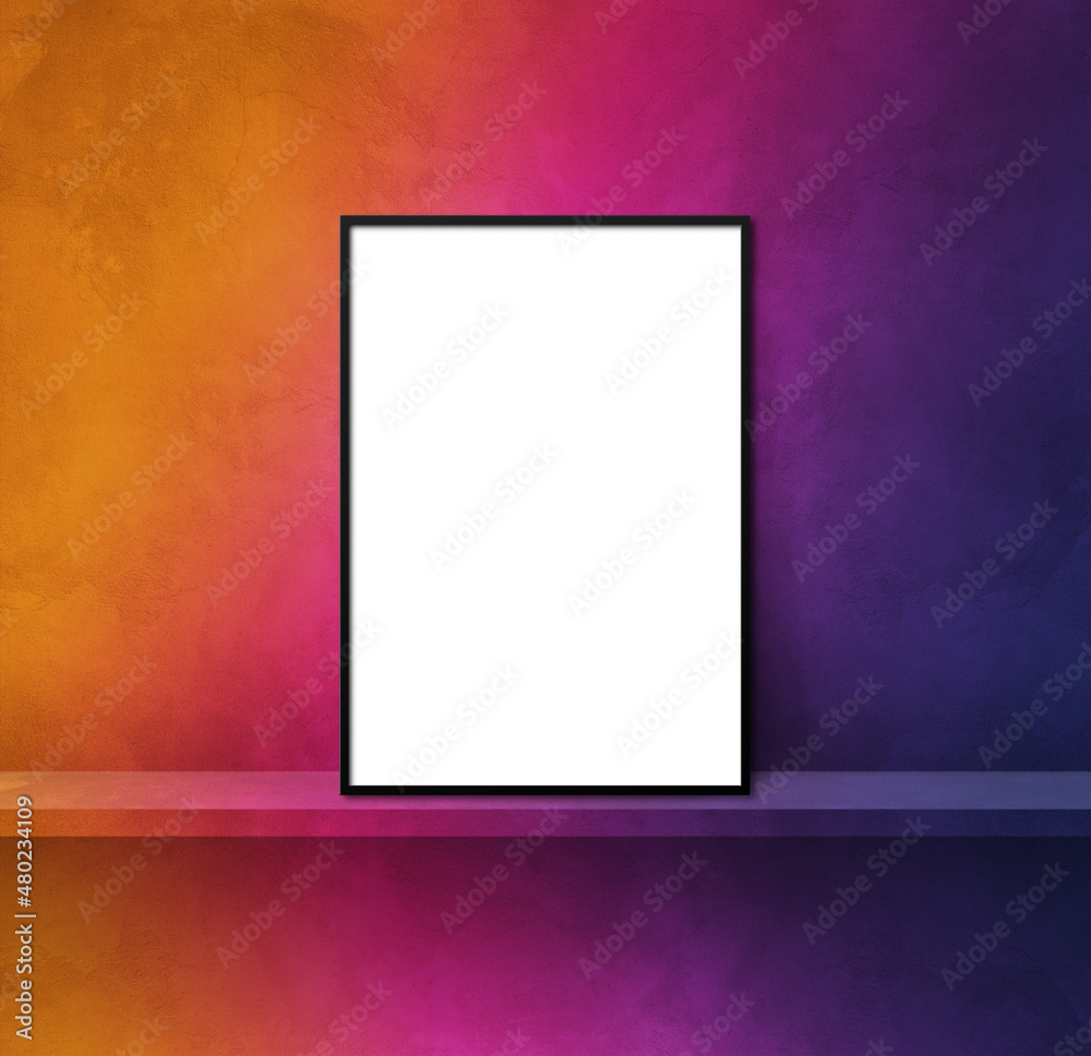 Black picture frame leaning on a rainbow shelf. 3d illustration. Square background Black picture frame leaning on a rainbow shelf. 3d illustration. Square background