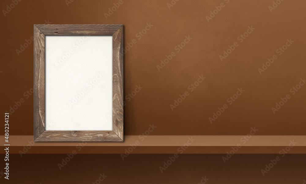 Wooden picture frame leaning on a brown shelf. 3d illustration. Horizontal banner Wooden picture frame leaning on a brown shelf. 3d illustration. Horizontal banner