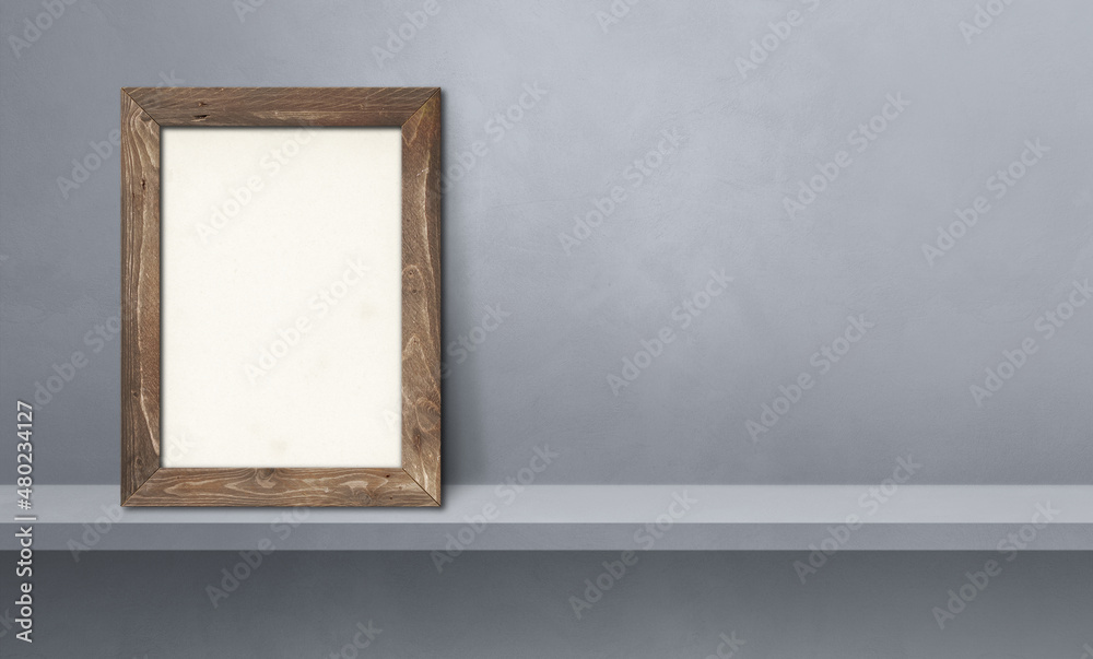 Wooden picture frame leaning on a grey shelf. 3d illustration. Horizontal banner Wooden picture frame leaning on a grey shelf. 3d illustration. Horizontal banner