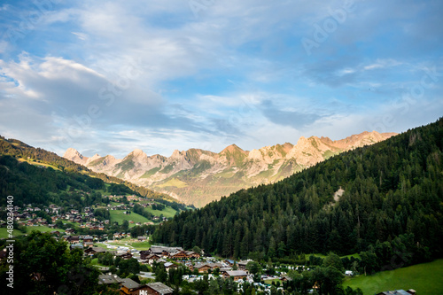 Sunset on The Grand-Bornand village and the Aravis mountain range