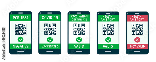 Mobile phones with QR-code App on the screens. Health Passport, PCR test, Covid-19 immune certificate or Digital vaccine green pass. Safe travelling concept flat vector illustration isolated on white.