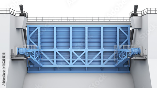 Close-up of a dam with large gates. The spillway of a hydroelectric power plant. 3d render