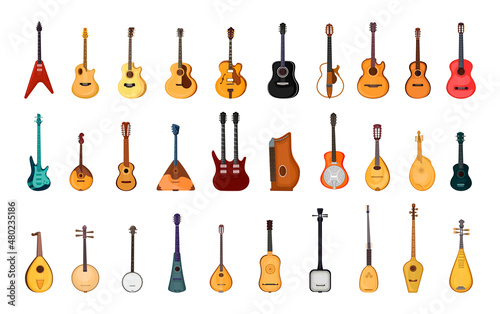 Collection of guitars of different types. National folk instruments. Detailed illustrations of stringed instruments. photo