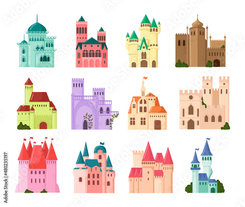 A set of fairy castles for princesses in the flat style.