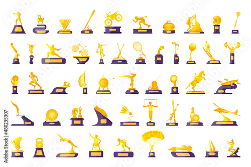 Collection of gold cups for prize-winners of sports competitions. Fototapeta