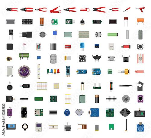 Detailed collection of electronic components and tools in a realistic style.