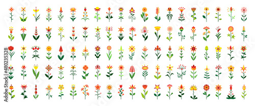 Collection of flowers in geometric shape in flat style. Abstract decorative flowers.