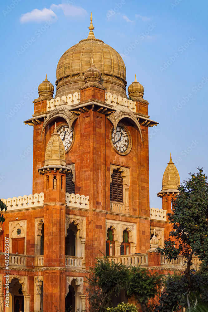 Huge Wall Clock, Clock Tower of Mahatma Gandhi Hall. Ghanta Ghar, Indore, Madhya Pradesh. Also Known as King Edward Hall. Indian Architecture.