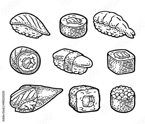 Set sushi roll and nigiri. Isolated on dark background. Vector flat color illustration