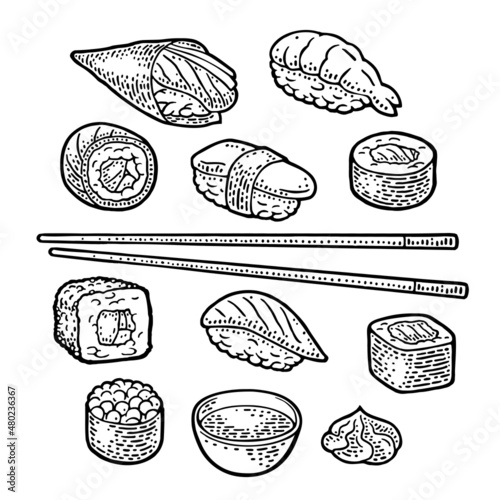 Set sushi. Chopsticks, wasabi, nigiri, maki, uramaki, temaki, philadelphia, ikura, soy sauce in bowl. Isolated on white. Vintage black vector engraving