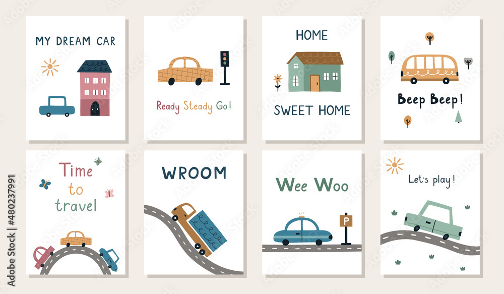 A collection of cute kid's posters. A set of cards with hand drawn cartoon cars and roads. Vector nursery illustration