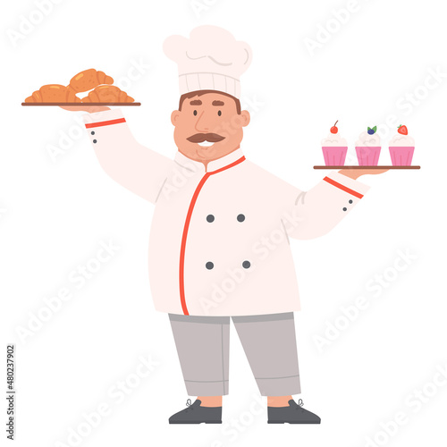 Cartoon baker with cakes and croissants. Confectioner with sweet bakery products.