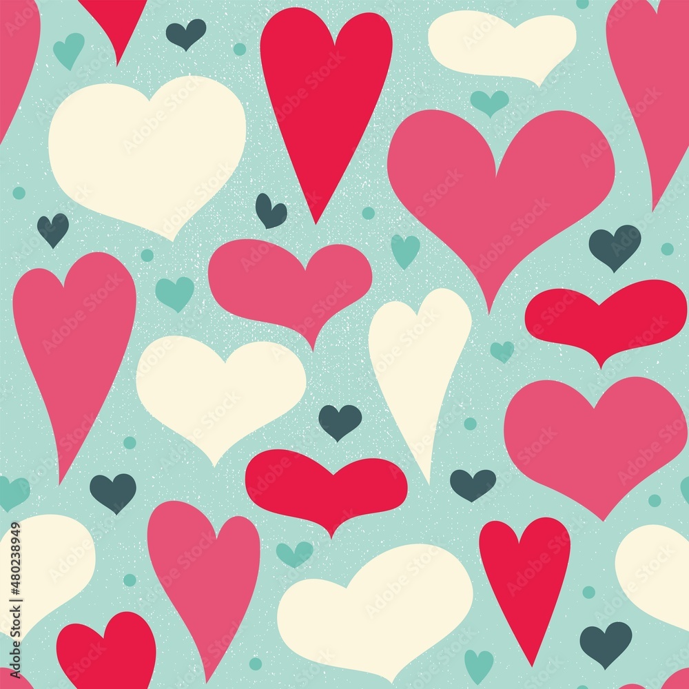 Valentine's Day. Symbol of love. Seamless pattern of cute hearts on a blue background. Wallpaper for season decoration, wrapping paper, clothing prints. Hand-drawn.Vector illustration.