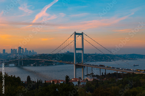 Istanbul background photo. Bosphorus Bridge at sunset.