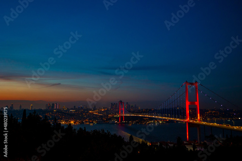 Istanbul. Bosphorus Bridge at dusk from Nakkastepe.