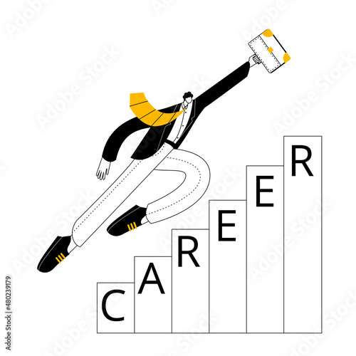 A man in a business suit with a briefcase is flying up the career ladder. Vector illustration of a successful career.