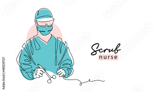 Scrub nurse simple vector illustration with scissors . One continuous line art drawing background, banner, poster of surgical nurse