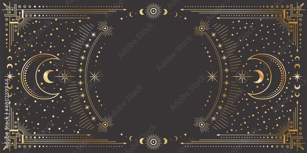 Obraz premium Vector mystic celestial golden frame with stars, moon phases, crescents, arrows and copy space. Ornate shiny magical linear geometric border. Ornate magical banner with a place for text