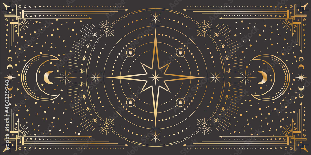 Vector celestial background with ornate outline geometric frame, star, moon phases, dotted radial circles and crescents. Mystic golden linear banner with magical symbols. Cover for tarot card - obrazy, fototapety, plakaty 