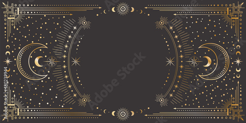 Vector mystic celestial golden frame with stars, moon phases, crescents, arrows and copy space. Ornate shiny magical linear geometric border. Ornate magical banner with a place for text