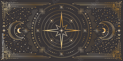 Photo Vector celestial background with ornate outline geometric frame, star, moon phases, dotted radial circles and crescents