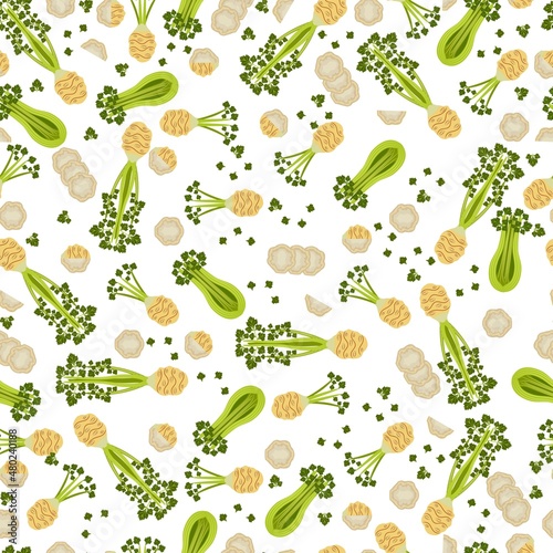 Seamless background of root celery. Whole, half, quarter, sliced celery. Celery with leaves. Organic vegetables. Vector illustration in flat style isolated on white background. Seamless pattern