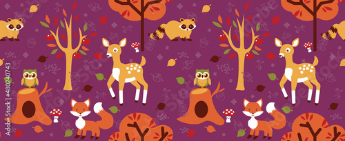 This vector pattern features several woodland animals in an autumnal scene. This pattern repeats seamlessly and is perfect for backgrounds or surface designs.
