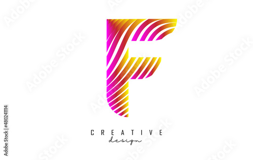 Letter F logo with vibrant colourful twisted lines. Creative vector illustration with zebra, finger print pattern lines.