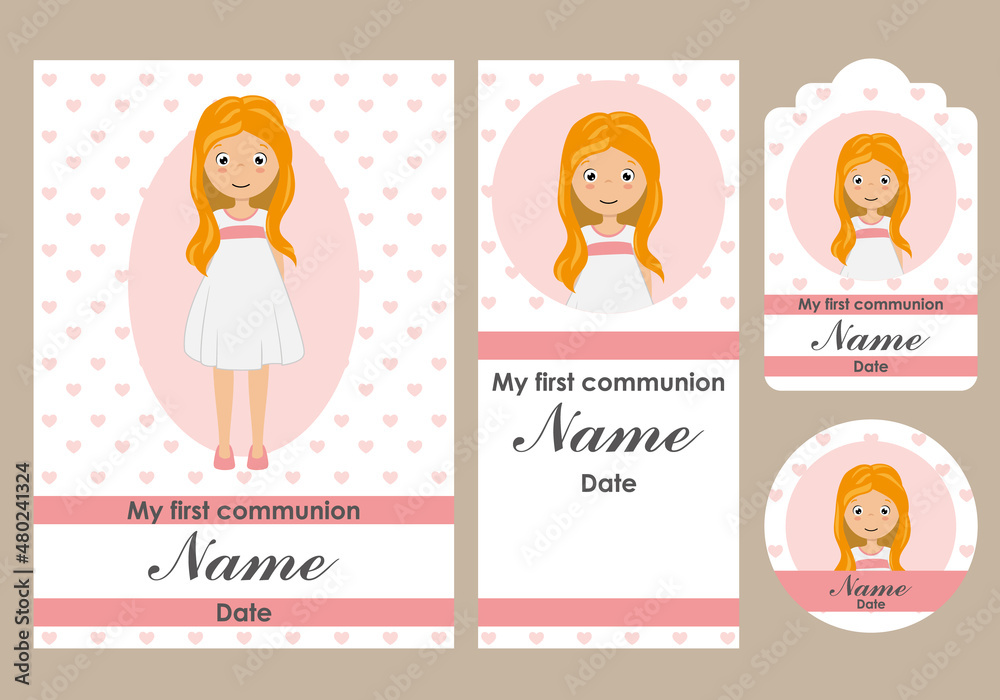  First communion card, bookmark, label and sticker set for girl