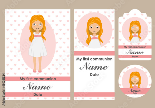  First communion card, bookmark, label and sticker set for girl