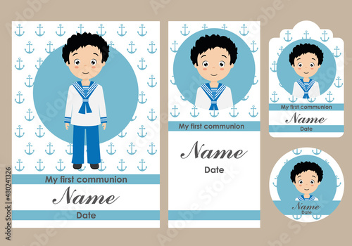 First communion card, bookmark, label and sticker set for children