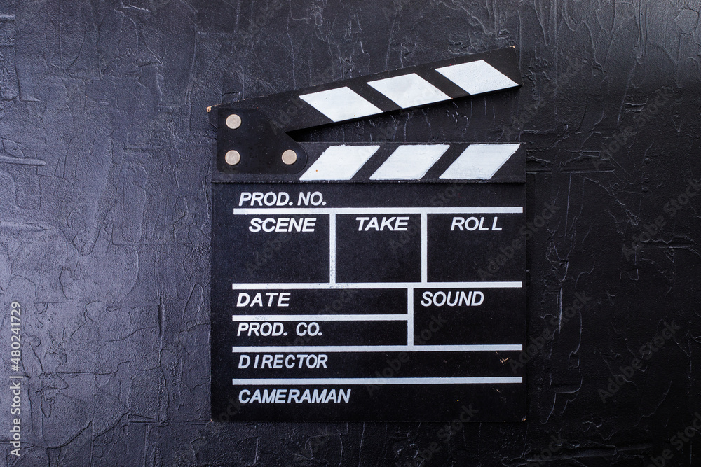 Film clappers boards on black background. Blank movie clapper cinema.