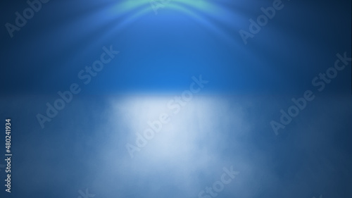 Empty dark scene blue abstract stage, stairs, concrete, neon light, spotlights, and studio room with smoke float up the interior texture for display products wall background.