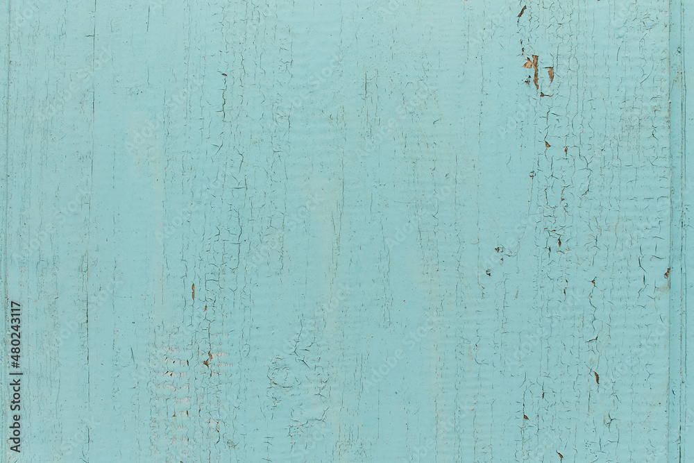 Fototapeta premium Old shabby wooden planks with cracked color paint, background. light blue
