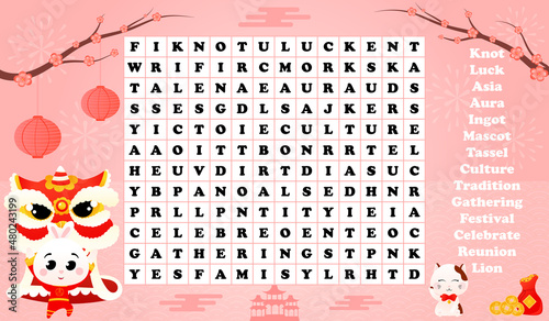 Word search puzzle with cute rabbit character in chinese traditional costume, cherry blossom and luck mascots in cartoon style, printable worksheets for lunar new year