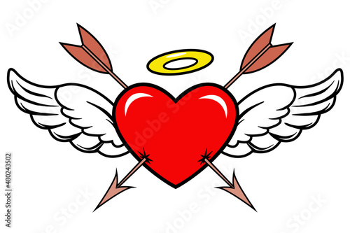 Valentine's day card. a heart pierced by an arrow. a heart with angel wings and a golden halo. drawing in the style of a tattoo. vector clipart