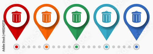 Trash can concept vector icon set, flat design pointers, infographic template