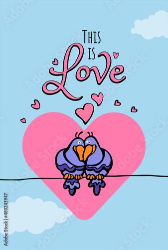 Valentine-s day greeting card with two birds in love on the sky with clouds and hearts with text it's love-2