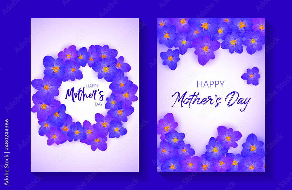 Saffron crocus spring flowers wreath Happy Mother's Day vector cards or banners set. Saffron flowers crocus blossom spring ring frame border for text. Mothers Day greeting card floral design. Saffron crocus spring flowers wreath Happy Mother's Day vector cards or banners set. Saffron flowers crocus blossom spring ring frame border for text. Mothers Day greeting card floral design.